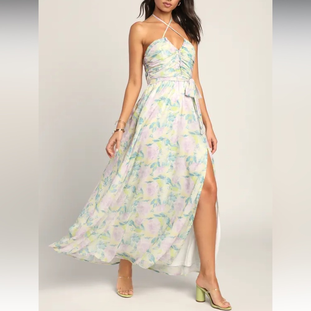 Lulu's Green and Purple Halter Maxi Dress with Wrap and Slip